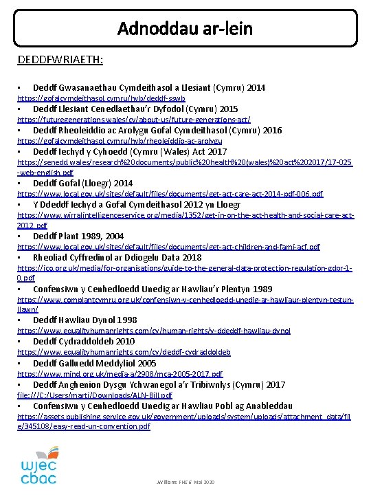 Adnoddau ar-lein DEDDFWRIAETH: • Deddf Gwasanaethau Cymdeithasol a Llesiant (Cymru) 2014 https: //gofalcymdeithasol. cymru/hyb/deddf-sswb