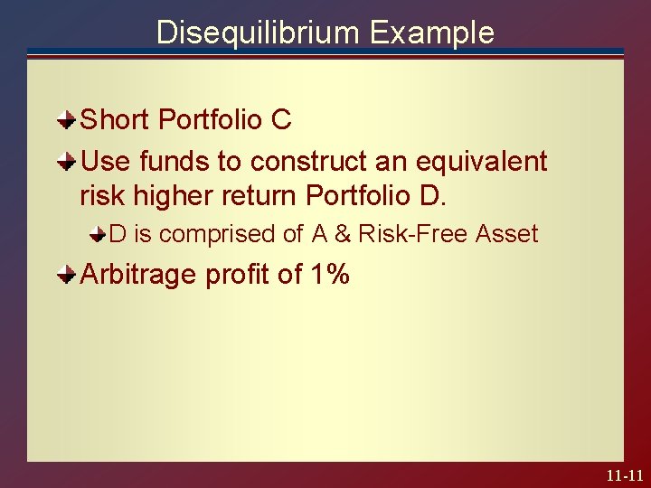Disequilibrium Example Short Portfolio C Use funds to construct an equivalent risk higher return