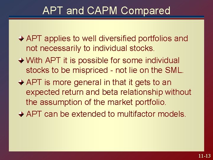 APT and CAPM Compared APT applies to well diversified portfolios and not necessarily to
