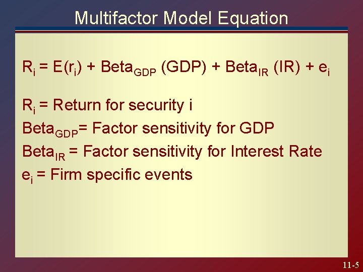 Multifactor Model Equation Ri = E(ri) + Beta. GDP (GDP) + Beta. IR (IR)