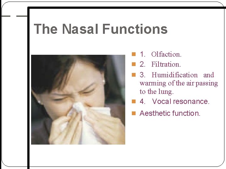 The Nasal Functions 1. Olfaction. 2. Filtration. 3. Humidification and warming of the air The Nasal Functions 1. Olfaction. 2. Filtration. 3. Humidification and warming of the air