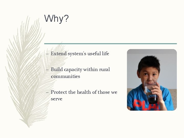 Why? – Extend system’s useful life – Build capacity within rural communities – Protect