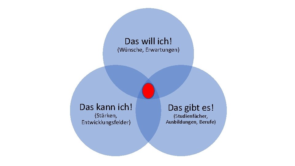 Das will ich! (Wünsche, Erwartungen) Das kann ich! (Stärken, Entwicklungsfelder) Das gibt es! (Studienfächer,