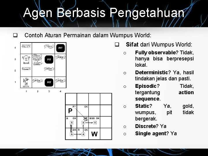 Agen Berbasis Pengetahuan q Contoh Aturan Permainan dalam Wumpus World: q Sifat dari Wumpus