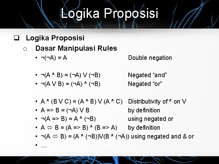 Logika Proposisi q Logika Proposisi o Dasar Manipulasi Rules • ¬(¬A) = A Double