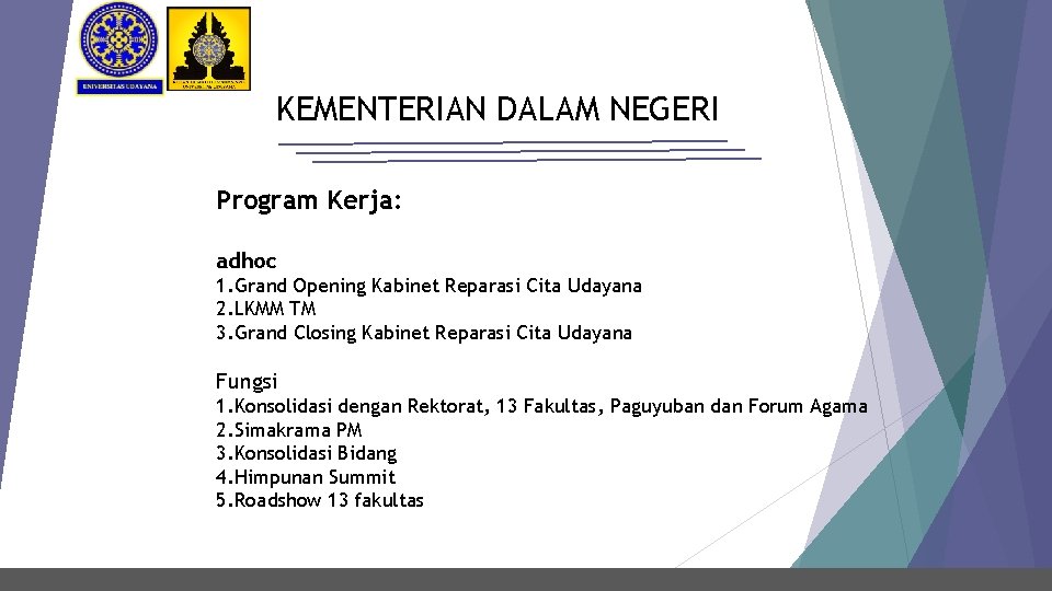 KEMENTERIAN DALAM NEGERI Program Kerja: adhoc 1. Grand Opening Kabinet Reparasi Cita Udayana 2.