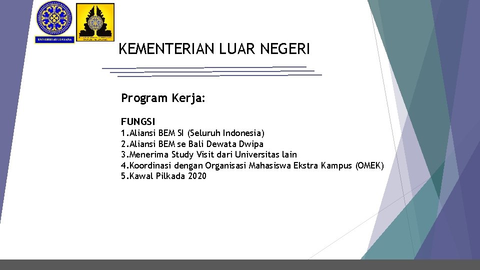 KEMENTERIAN LUAR NEGERI Program Kerja: FUNGSI 1. Aliansi BEM SI (Seluruh Indonesia) 2. Aliansi