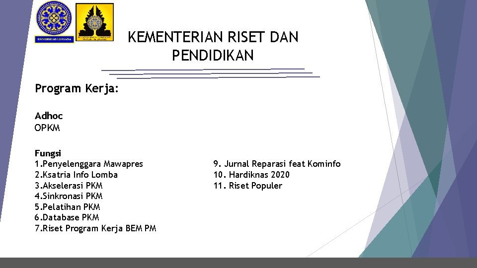 KEMENTERIAN RISET DAN PENDIDIKAN Program Kerja: Adhoc OPKM Fungsi 1. Penyelenggara Mawapres 2. Ksatria