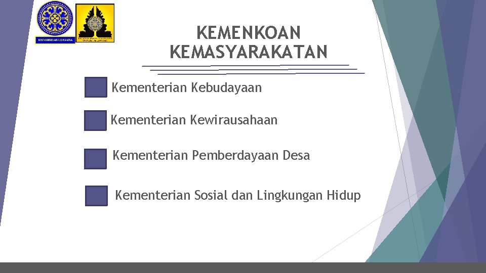 KEMENKOAN KEMASYARAKATAN Kementerian Kebudayaan Kementerian Kewirausahaan Kementerian Pemberdayaan Desa Kementerian Sosial dan Lingkungan Hidup