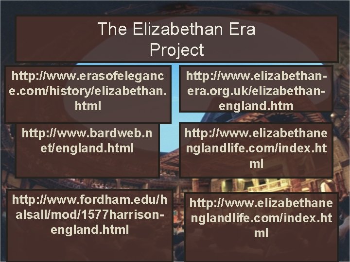 The Elizabethan Era Project http: //www. erasofeleganc e. com/history/elizabethan. html http: //www. elizabethanera. org. The Elizabethan Era Project http: //www. erasofeleganc e. com/history/elizabethan. html http: //www. elizabethanera. org.