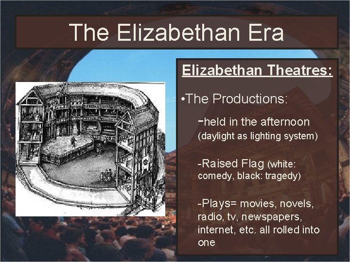 The Elizabethan Era Elizabethan Theatres: • The Productions: -held in the afternoon (daylight as The Elizabethan Era Elizabethan Theatres: • The Productions: -held in the afternoon (daylight as