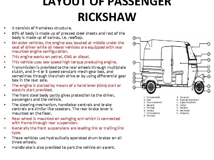 LAYOUT OF PASSENGER RICKSHAW • • • • It consists of frameless structure. 80%