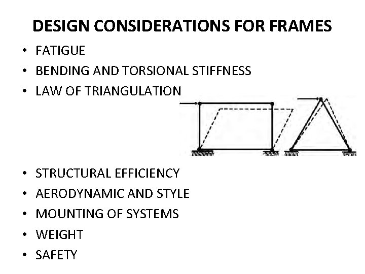 DESIGN CONSIDERATIONS FOR FRAMES • FATIGUE • BENDING AND TORSIONAL STIFFNESS • LAW OF