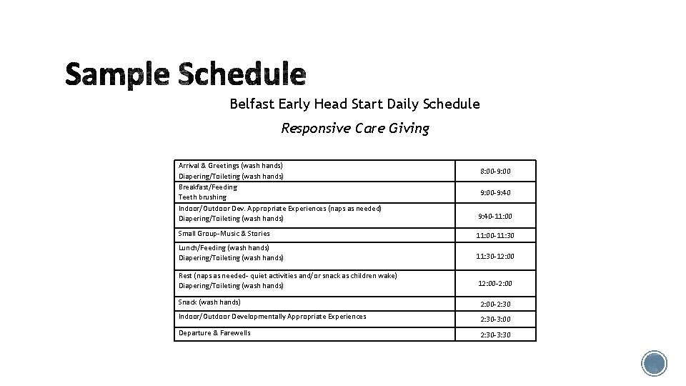 Belfast Early Head Start Daily Schedule Responsive Care Giving Arrival & Greetings (wash hands) Belfast Early Head Start Daily Schedule Responsive Care Giving Arrival & Greetings (wash hands)