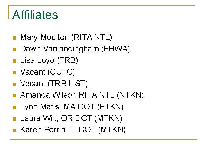 Affiliates n n n n n Mary Moulton (RITA NTL) Dawn Vanlandingham (FHWA) Lisa