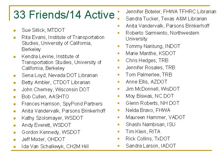 33 Friends/14 Active n n n n Sue Sillick, MTDOT Rita Evans, Institute of