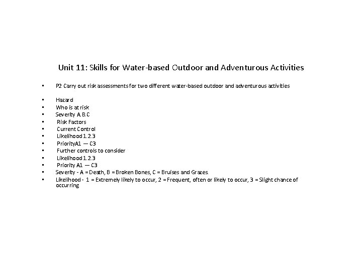 Unit 11: Skills for Water-based Outdoor and Adventurous Activities • P 2 Carry out