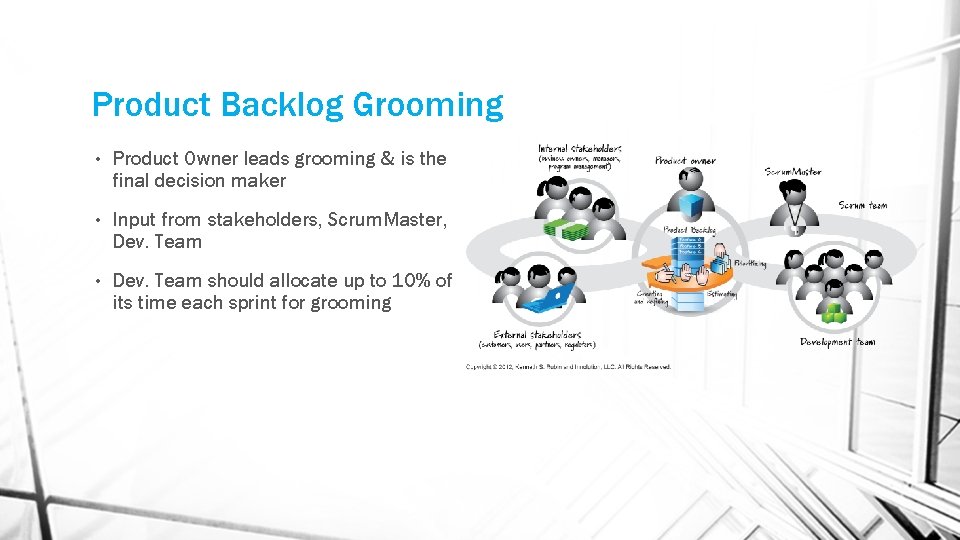 Product Backlog Grooming • Product Owner leads grooming & is the final decision maker