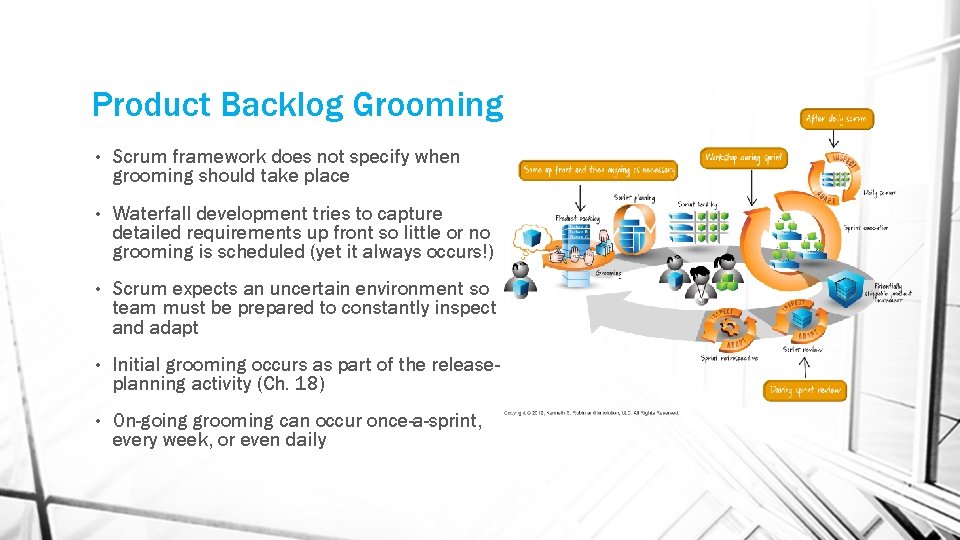 Product Backlog Grooming • Scrum framework does not specify when grooming should take place