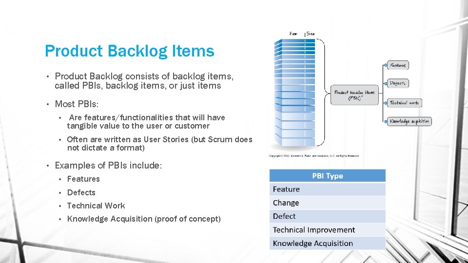 Product Backlog Items • Product Backlog consists of backlog items, called PBIs, backlog items,