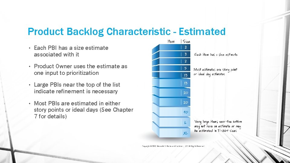 Product Backlog Characteristic - Estimated • Each PBI has a size estimate associated with