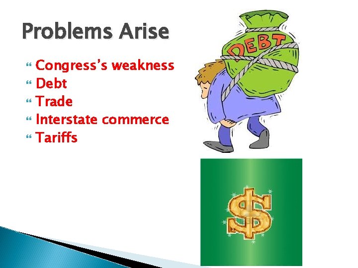 Problems Arise Congress’s weakness Debt Trade Interstate commerce Tariffs 