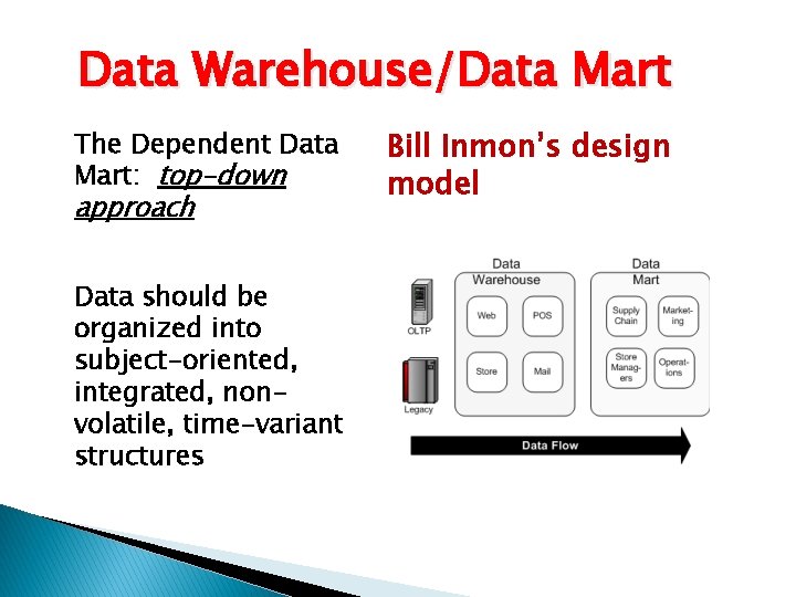 Data Warehouse/Data Mart The Dependent Data Mart: top-down approach Data should be organized into