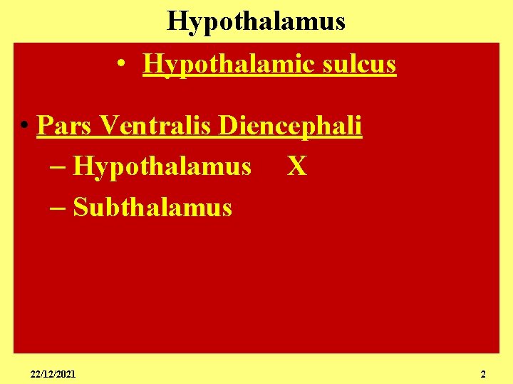 Hypothalamus • Hypothalamic sulcus • Pars Ventralis Diencephali – Hypothalamus X – Subthalamus 22/12/2021
