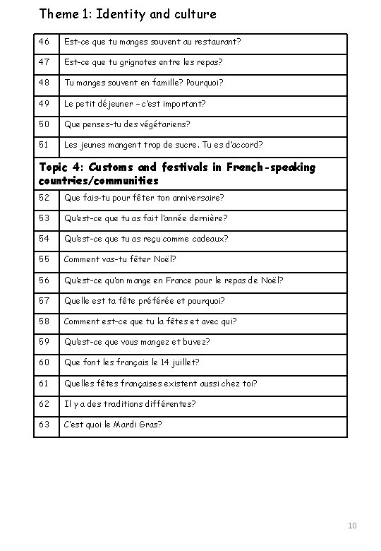 Theme 1: Identity and culture 46 Est-ce que tu manges souvent au restaurant? 47