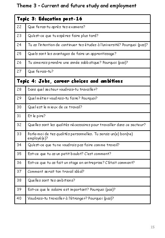 Theme 3 – Current and future study and employment Topic 3: Education post-16 22