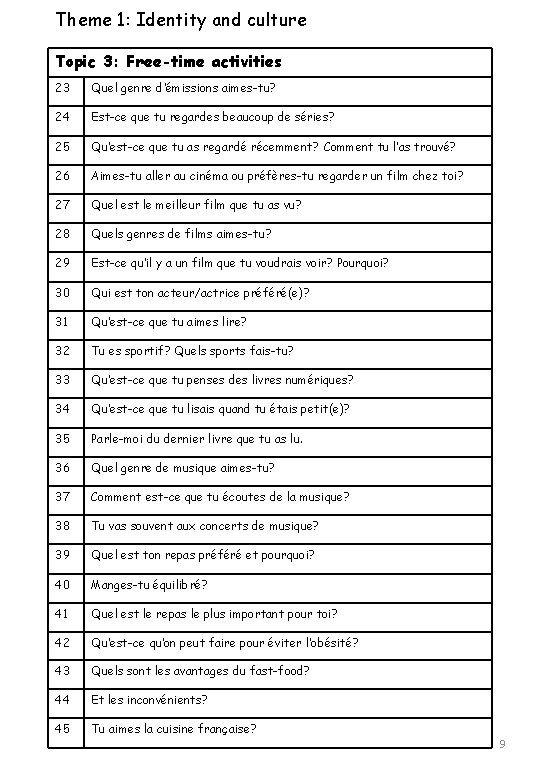 Theme 1: Identity and culture Topic 3: Free-time activities 23 Quel genre d’émissions aimes-tu?
