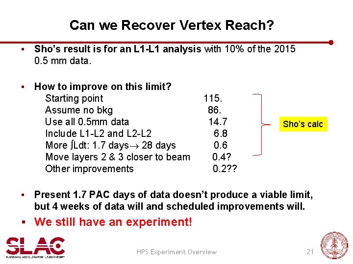 Can we Recover Vertex Reach? § Sho’s result is for an L 1 -L