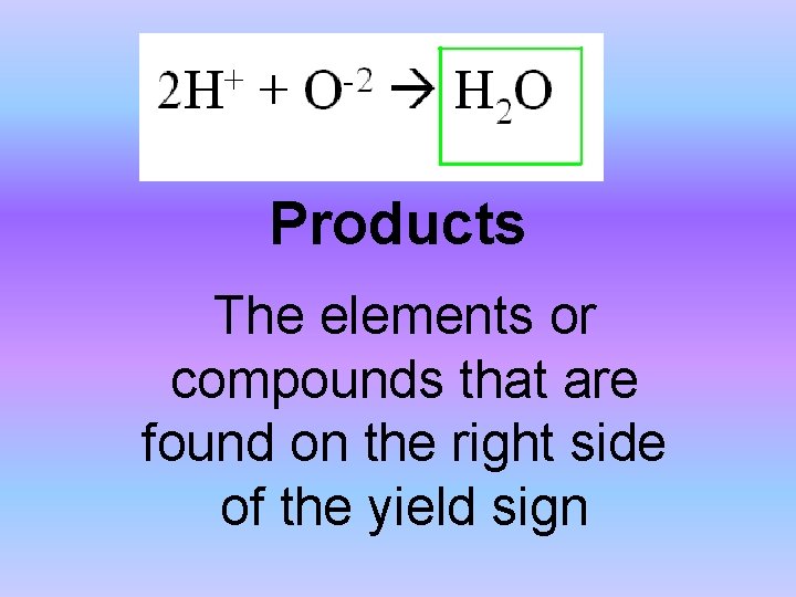 Products The elements or compounds that are found on the right side of the