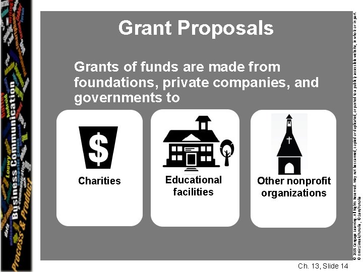 Grants of funds are made from foundations, private companies, and governments to Charities Educational