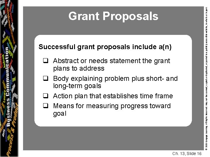 Successful grant proposals include a(n) q Abstract or needs statement the grant plans to