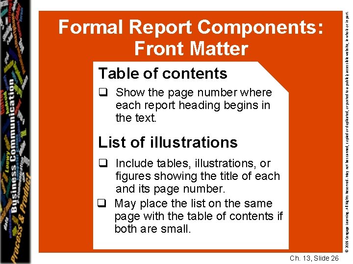Table of contents q Show the page number where each report heading begins in