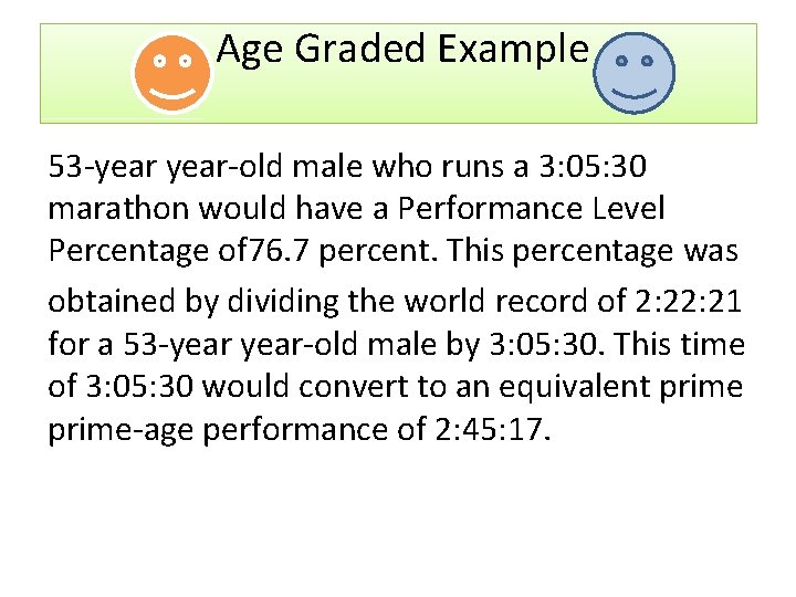 Age Graded Example 53 -year-old male who runs a 3: 05: 30 marathon would