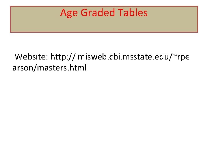 Age Graded Tables Website: http: // misweb. cbi. msstate. edu/~rpe arson/masters. html 