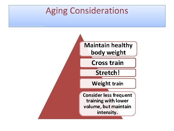 Aging Considerations Maintain healthy body weight Cross train Stretch! Weight train Consider less frequent