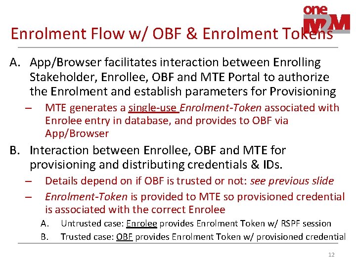 Enrolment Flow w/ OBF & Enrolment Tokens A. App/Browser facilitates interaction between Enrolling Stakeholder,