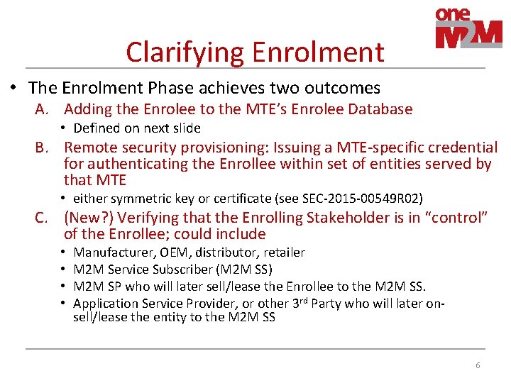 Clarifying Enrolment • The Enrolment Phase achieves two outcomes A. Adding the Enrolee to