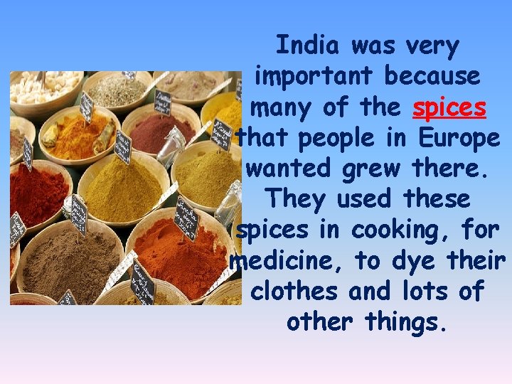 India was very important because many of the spices that people in Europe wanted