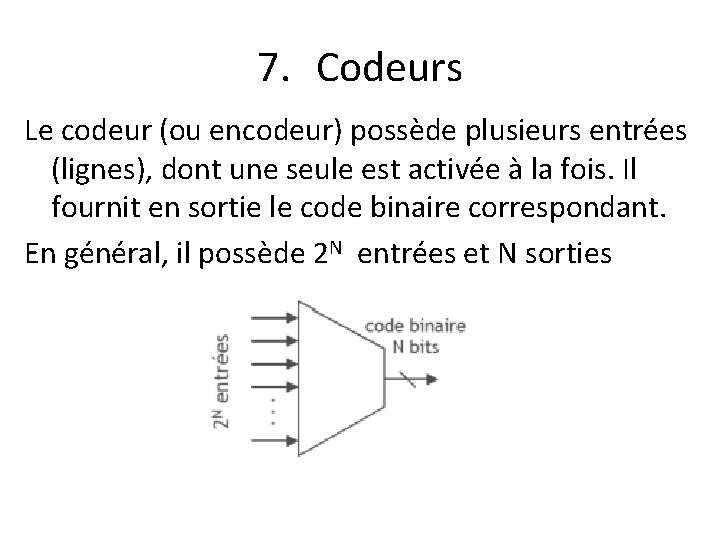 7. Codeurs Le codeur (ou encodeur) possède plusieurs entrées (lignes), dont une seule est