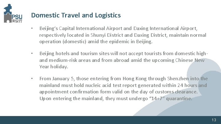 Domestic Travel and Logistics • Beijing’s Capital International Airport and Daxing International Airport, respectively