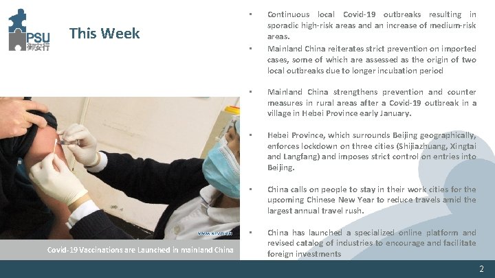  • This Week • Covid-19 Vaccinations are Launched in mainland China Continuous local
