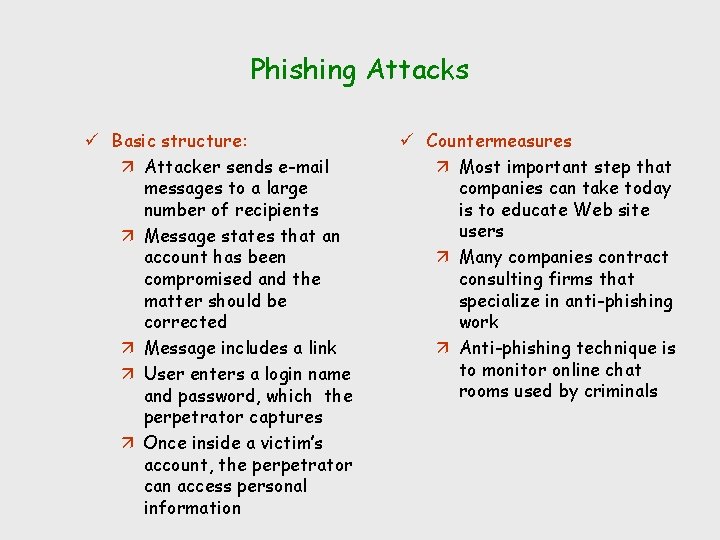 Phishing Attacks ü Basic structure: ä Attacker sends e-mail messages to a large number