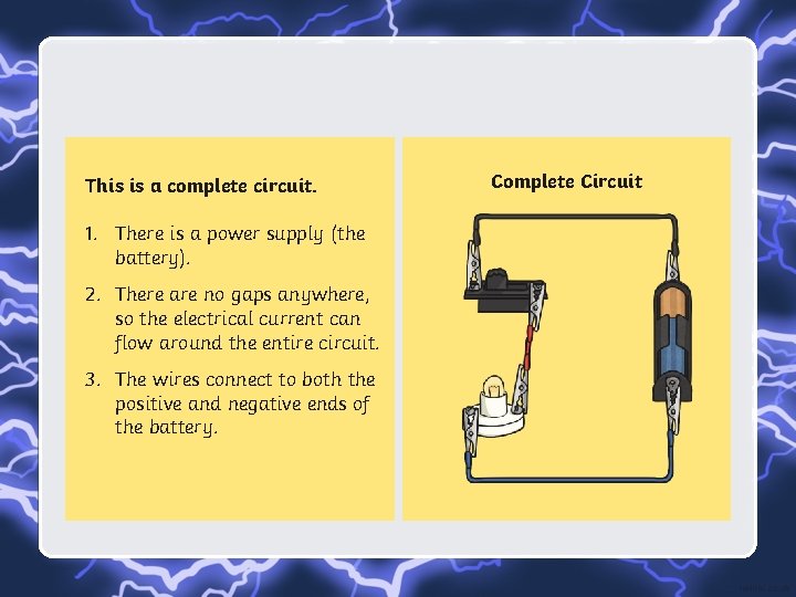 This is a complete circuit. 1. There is a power supply (the battery). 2.