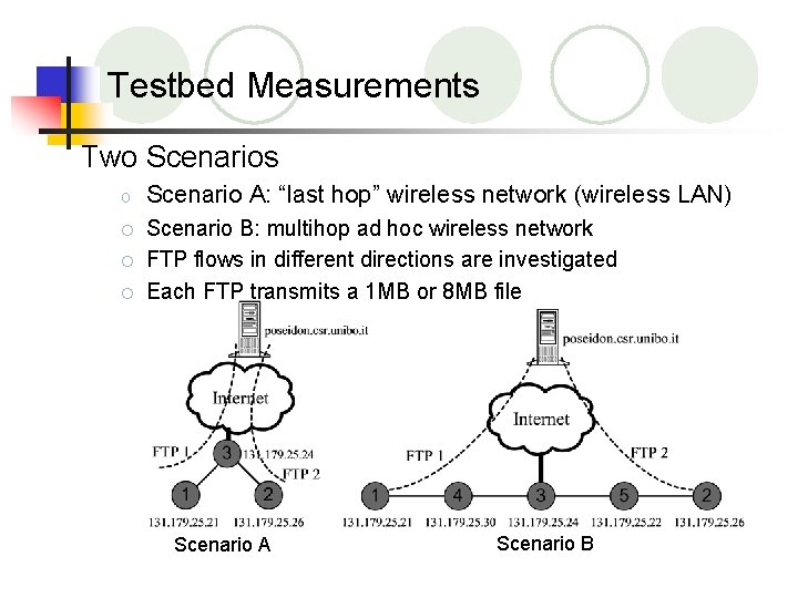 Testbed Measurements Two Scenarios o Scenario A: “last hop” wireless network (wireless LAN) ¡