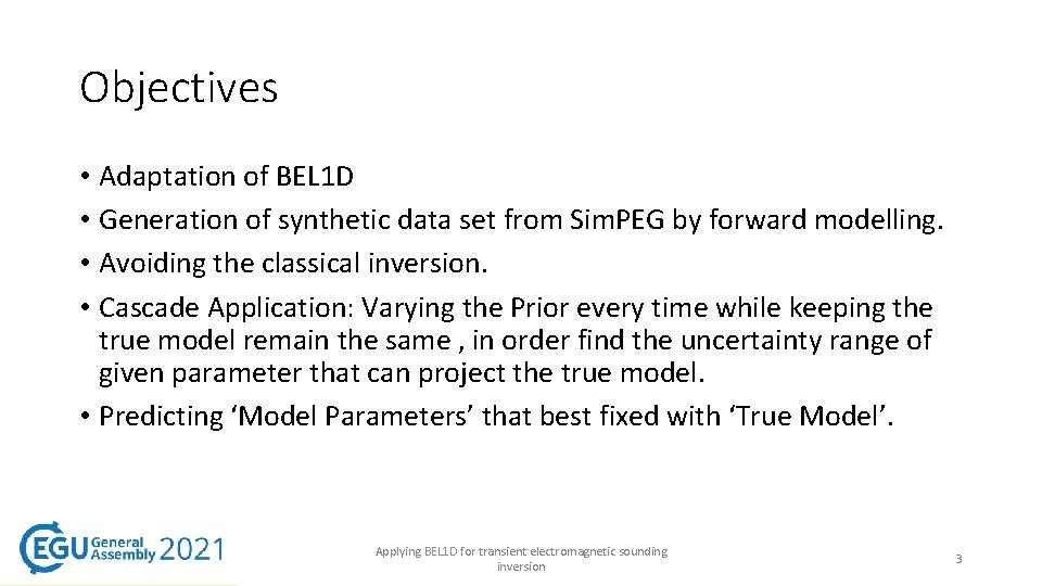 Objectives • Adaptation of BEL 1 D • Generation of synthetic data set from Objectives • Adaptation of BEL 1 D • Generation of synthetic data set from