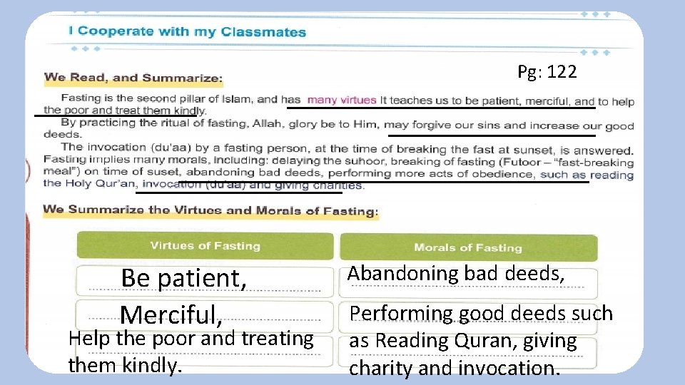 Pg: 122 Be patient, Merciful, Help the poor and treating them kindly. Abandoning bad